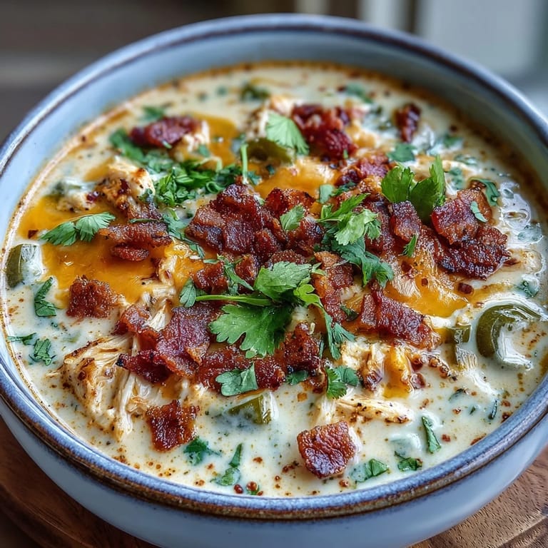 Spoon dipping into a pot of Spicy Jalapeño Popper Chicken Soup, revealing melted cheddar and tender chicken chunks in a rich broth.
