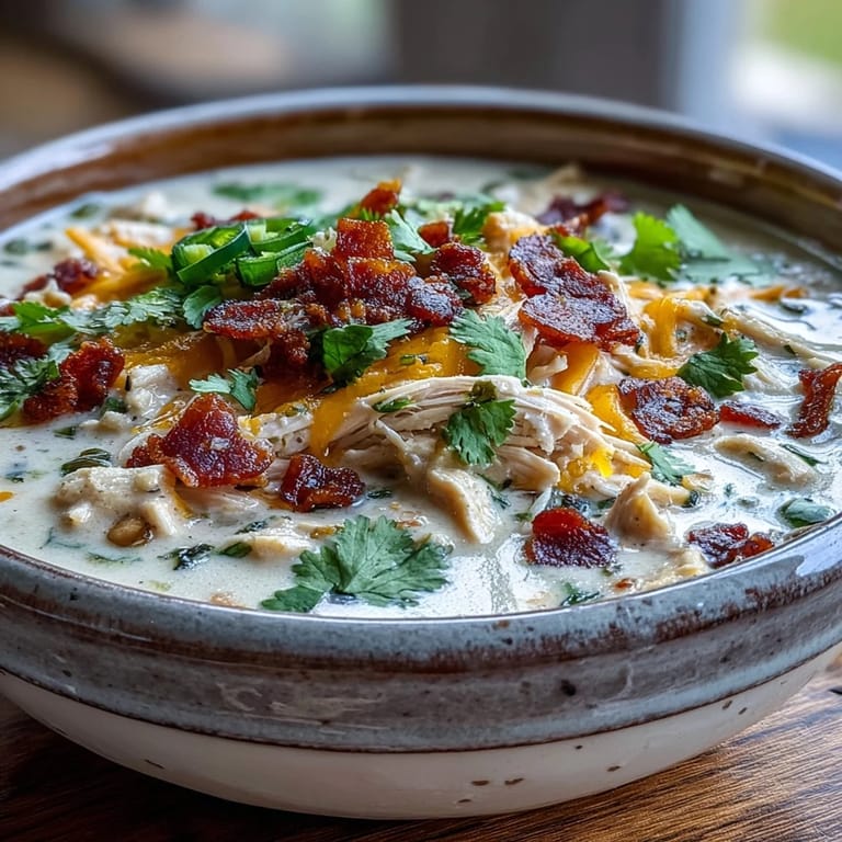 Ladle serving a bowl of Spicy Jalapeño Popper Chicken Soup, garnished with cilantro and jalapeños, ready to enjoy with tortilla chips.