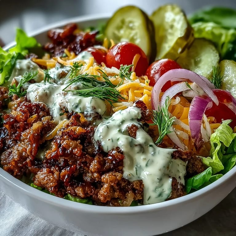 High-Protein Cheeseburger Bowls are plated for a low-carb meal prep lunch, showing sliced pickles, red onion, and optional avocado slices on a bed of greens.