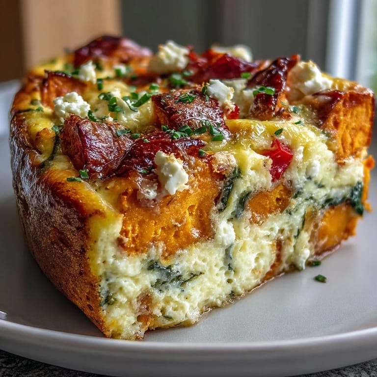A freshly baked Easy Sweet Potato Egg Casserole, garnished with fresh herbs, sits beside a cup of coffee for a rustic brunch.