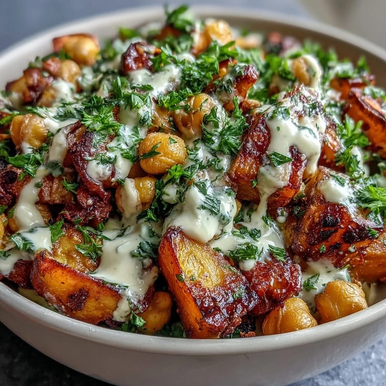 Vibrant caramelized vegetables in the One-Pan Roasted Carrot and Chickpea Bowl steaming on a rustic wooden board, ready to be served for a nourishing vegan dinner.