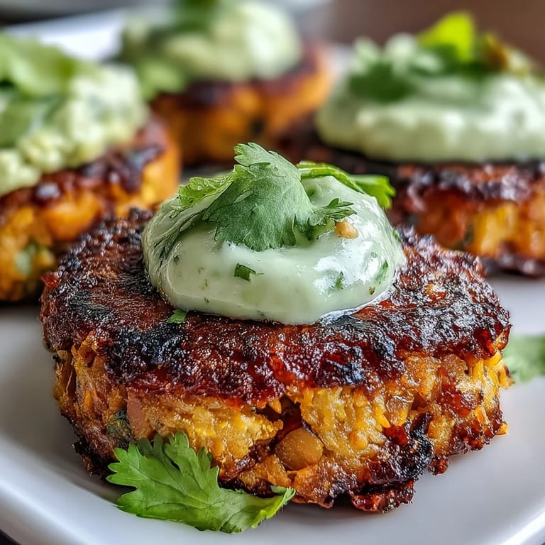 Savory Crispy Sweet Potato & Red Lentil Patties served as a vegetarian appetizer with dipping sauce.