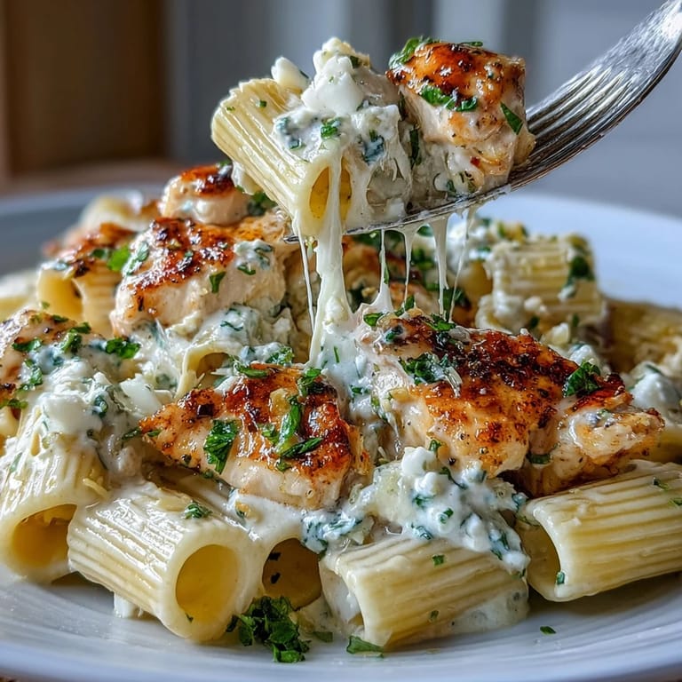 Fork-ready Creamy Lemon Feta Chicken Pasta topped with fresh parsley and crumbled feta, served hot in a skillet.