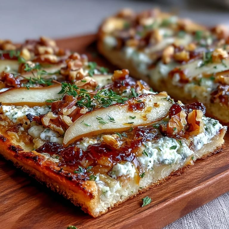 Drizzling hot honey over a crisp Goat Cheese & Pear Flatbread with goat cheese, ricotta, pears, and thyme, ready to slice and share at a party.