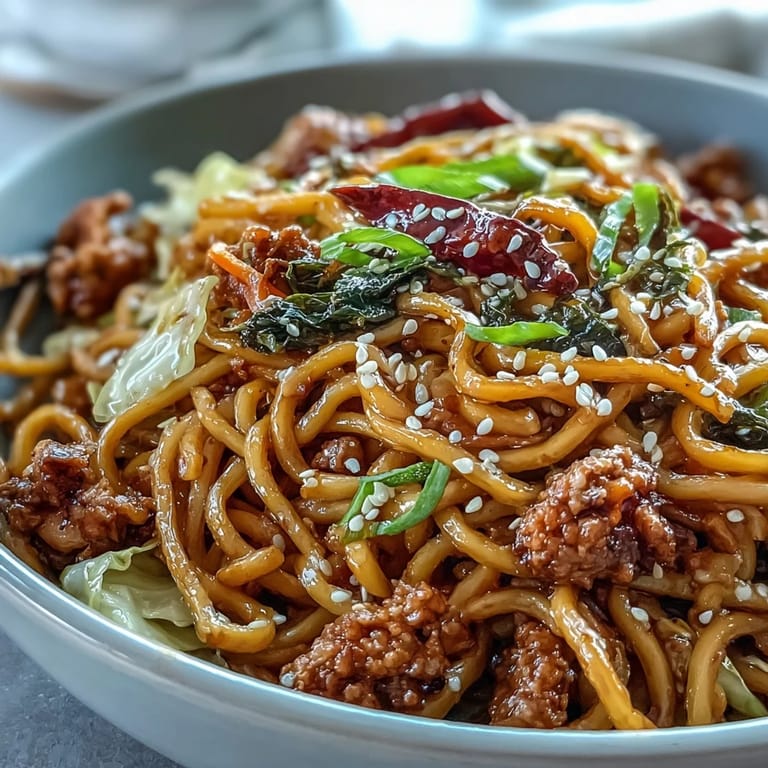 Savory ground turkey and pan-fried noodles for Korean Turkey Fried Noodles coated in a glossy, spicy-sweet gochujang sauce.