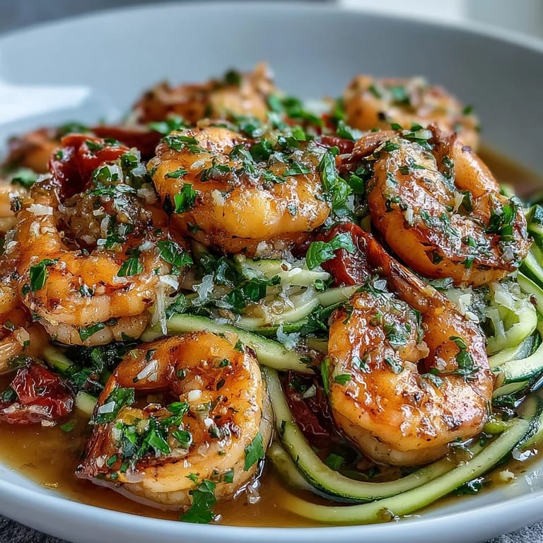 Sizzling skillet of Skinny Shrimp Scampi topped with cherry tomatoes, parsley, and Parmesan cheese.
