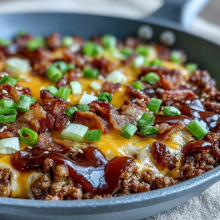 Steam rises from a skillet of Keto BBQ Bacon Cheeseburger Skillet, topped with sesame seeds and vibrant sliced green onions.