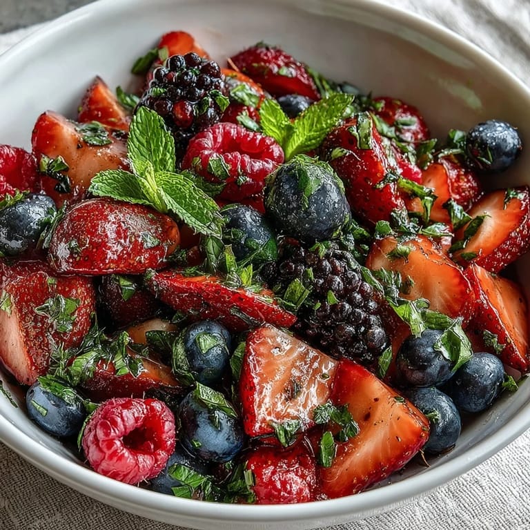 Fresh Summer Berry Salad with Mint and Honey drizzled with lemon and honey, garnished with mint, served as a light dessert.
