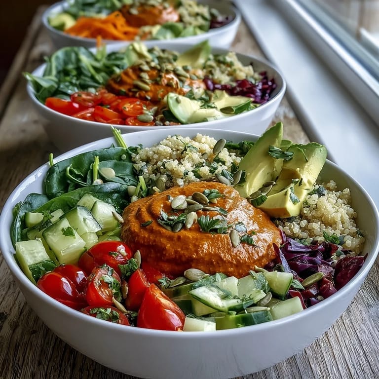 Lush purple cabbage and green avocado slices top a colorful Vegan Roasted Red Pepper Hummus Buddha Bowl, served on a white platter.
