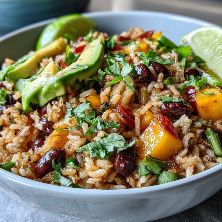 Hearty vegetarian bowl featuring nutty brown rice, black beans, diced mango, and crisp bell peppers in a tangy citrus dressing.  