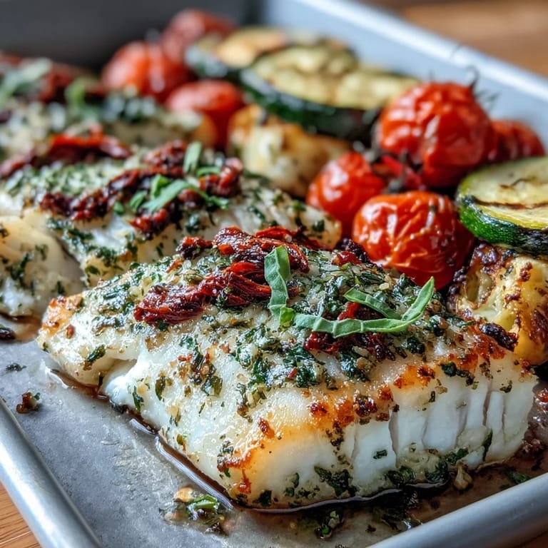 Easy one-pan meal featuring flaky garlic herb tilapia alongside roasted zucchini and sweet cherry tomatoes, ideal for busy weeknights.