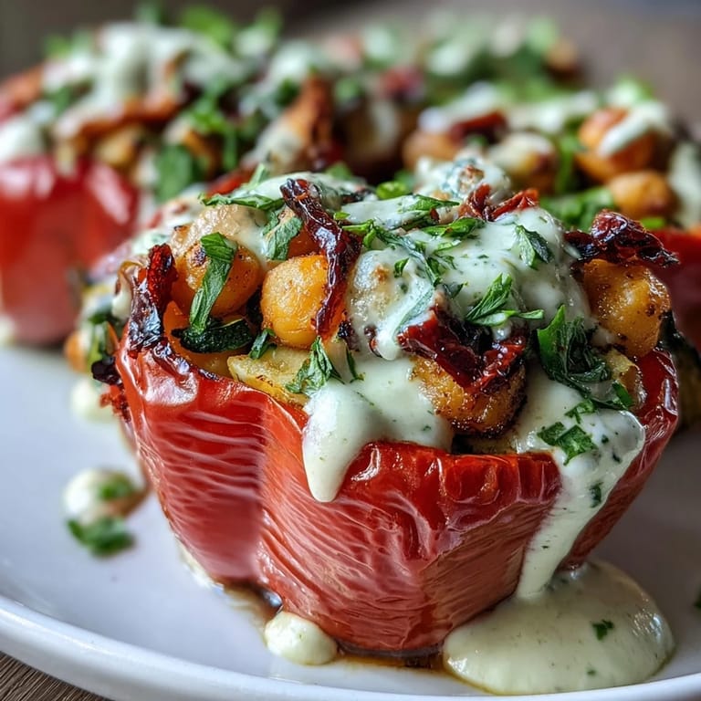 Colorful stuffed peppers showcasing a hearty chickpea and vegetable filling, garnished with fresh parsley and a swirl of smooth lemon tahini.