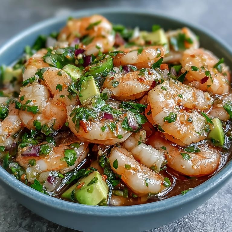 Fresh raw shrimp "cooked" in lime juice, tossed with jalapeño, red onion, and avocado, creating a bright and spicy Latin American seafood dish.