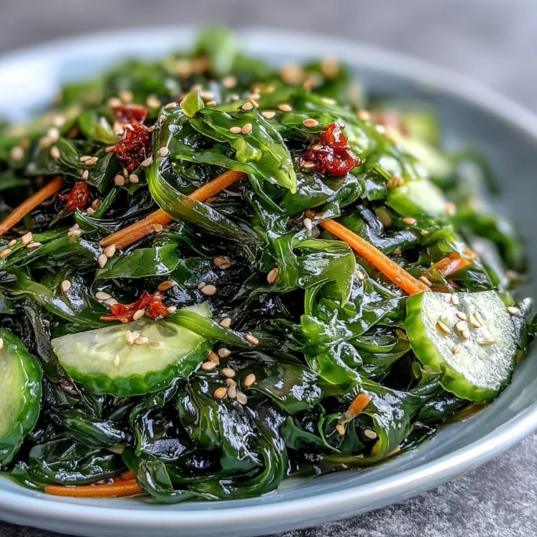 Bright and zesty seaweed salad featuring ponzu dressing, crunchy vegetables, and sesame seeds, served chilled for a refreshing vegan starter.