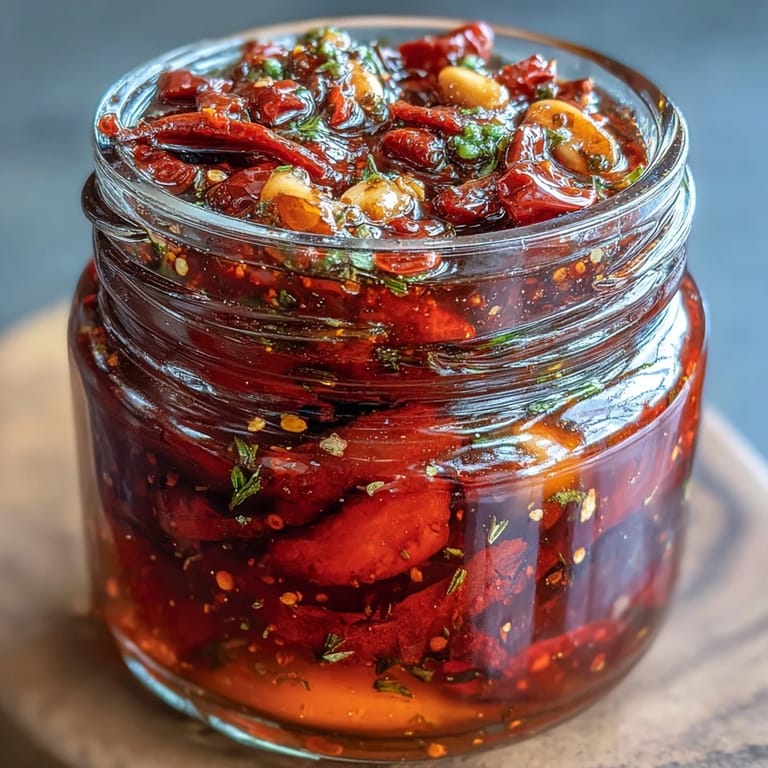 Rich, aromatic Calabrian chili oil with golden garlic slices and fragrant oregano, ideal for grilled meats and vegetables.  