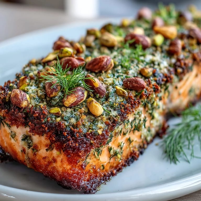 Crunchy pistachio and herb crust on tender salmon, pan-seared until golden for a delicious texture contrast.