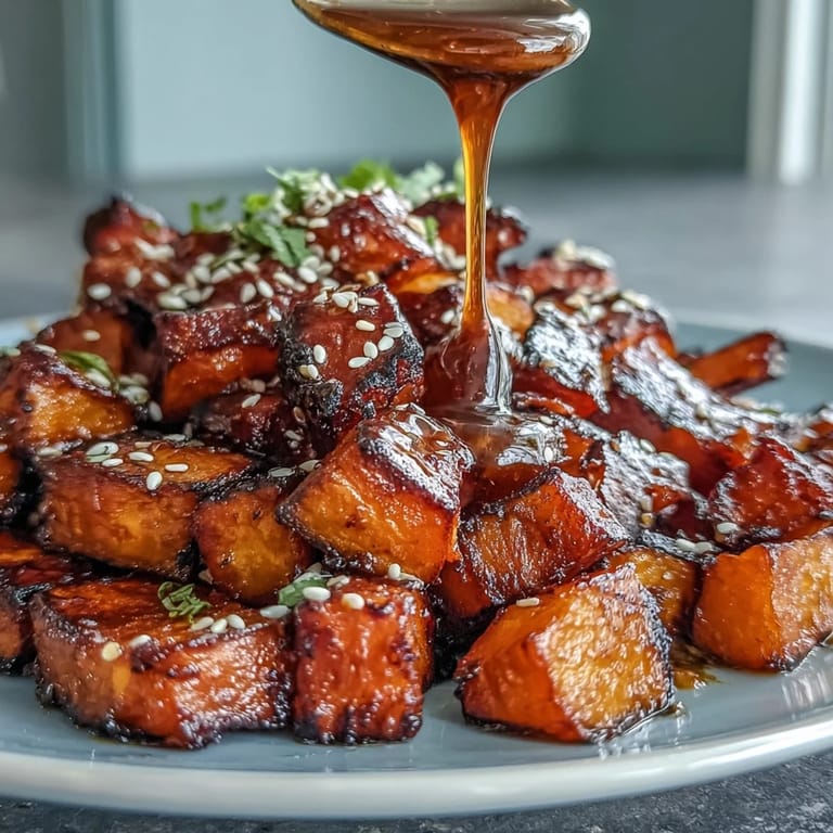 Vibrant roasted vegetables glazed with miso-butter, garnished with sesame seeds for a Japanese-inspired vegetarian side dish.