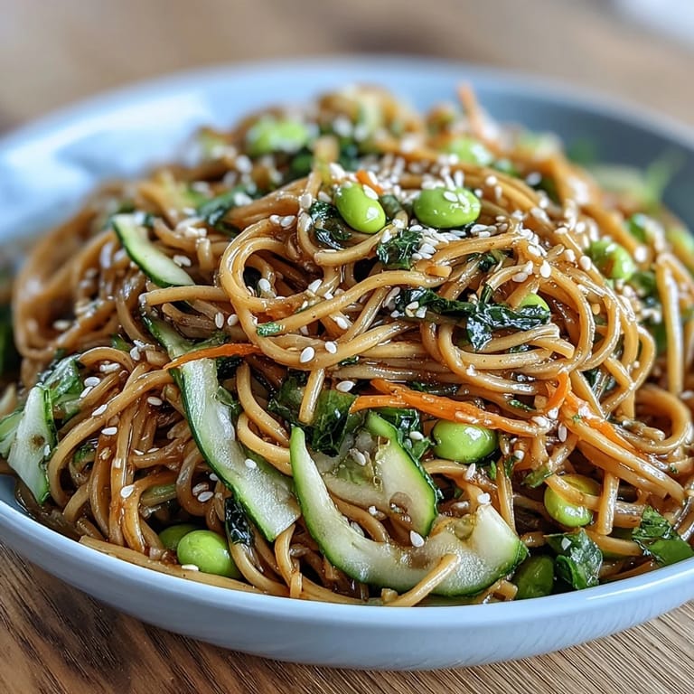 Cold sesame ginger noodle bowl with crunchy vegetables, drizzled in a rich tahini dressing and topped with toasted sesame seeds.  