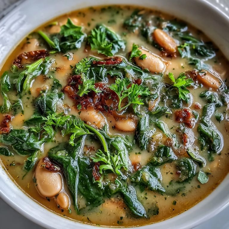Creamy white bean and spinach soup garnished with fresh parsley, served in a deep ceramic bowl with lemon wedges.