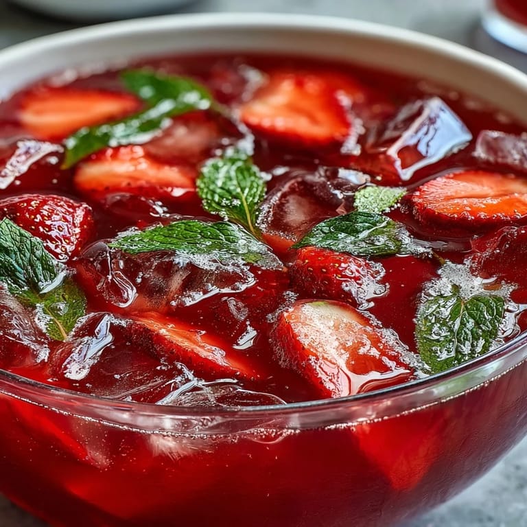 Festive Galentines Pink Lemonade Strawberry Punch with sparkling bubbles, chilled cranberry juice, and a mix of strawberries and lemons.