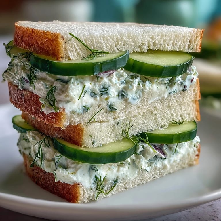 Crisp cucumber slices layered with creamy herbed cream cheese on soft white bread for a classic tea-time treat.