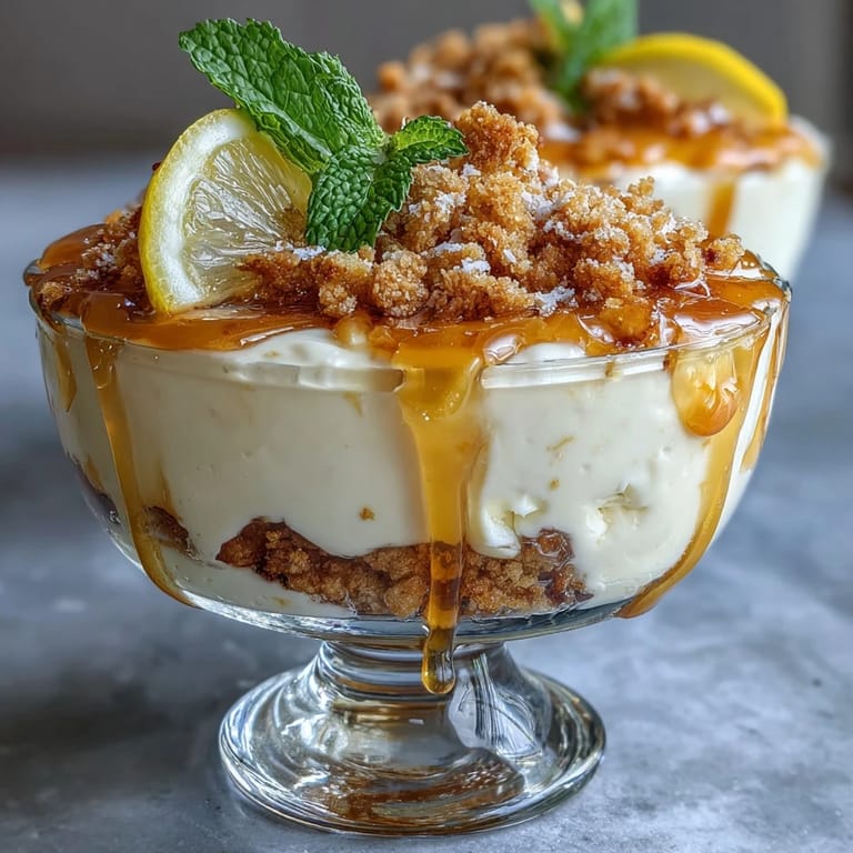 Tangy lemon curd and creamy Greek yogurt parfait with crisp sourdough crumb topping, garnished with fresh berries and mint for a refreshing dessert.