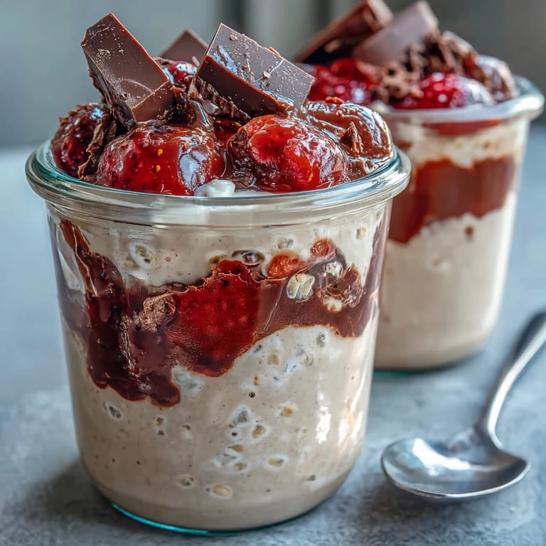 Decadent overnight oats dessert jar filled with creamy oats, juicy strawberries, and dark chocolate chunks, perfect for breakfast or a sweet treat.
