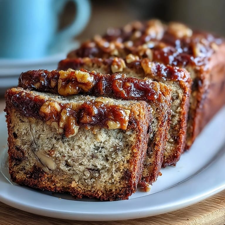 Slice of moist banana bread with tangy sourdough notes, studded with walnuts and a caramelized brown sugar topping.