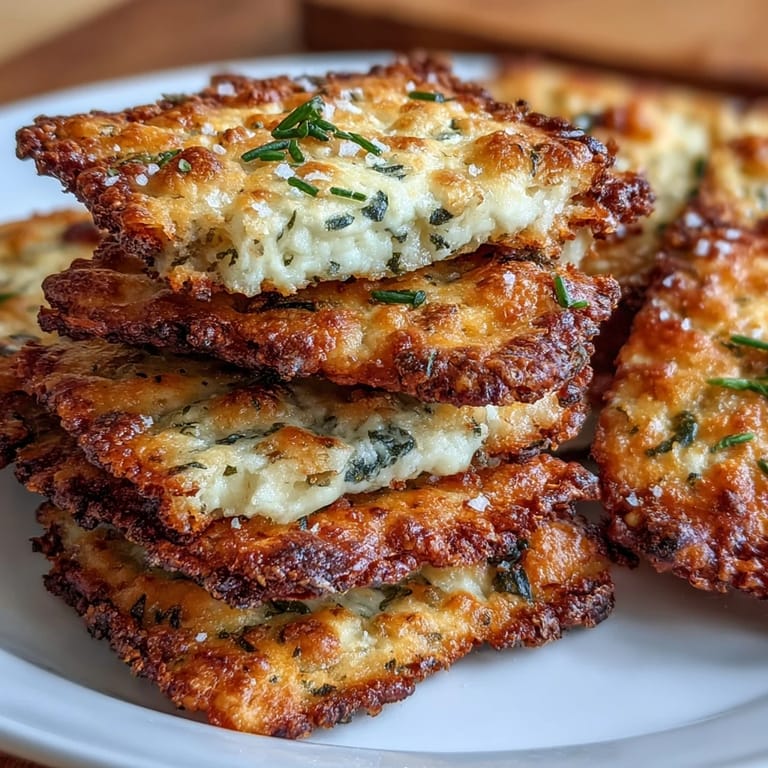 Golden homemade cheese and herb crackers featuring Parmesan and chives, perfect for pairing with dips or cheeses.
