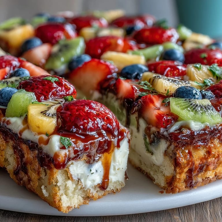 Chewy sugar cookie crust layered with smooth cream cheese frosting and vibrant mixed fruits for a festive dessert.  