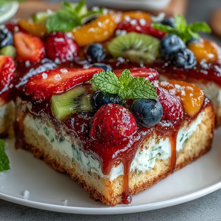 Festive fruit pizza featuring a golden cookie base, creamy frosting, and a rainbow of fresh fruit slices arranged artfully.