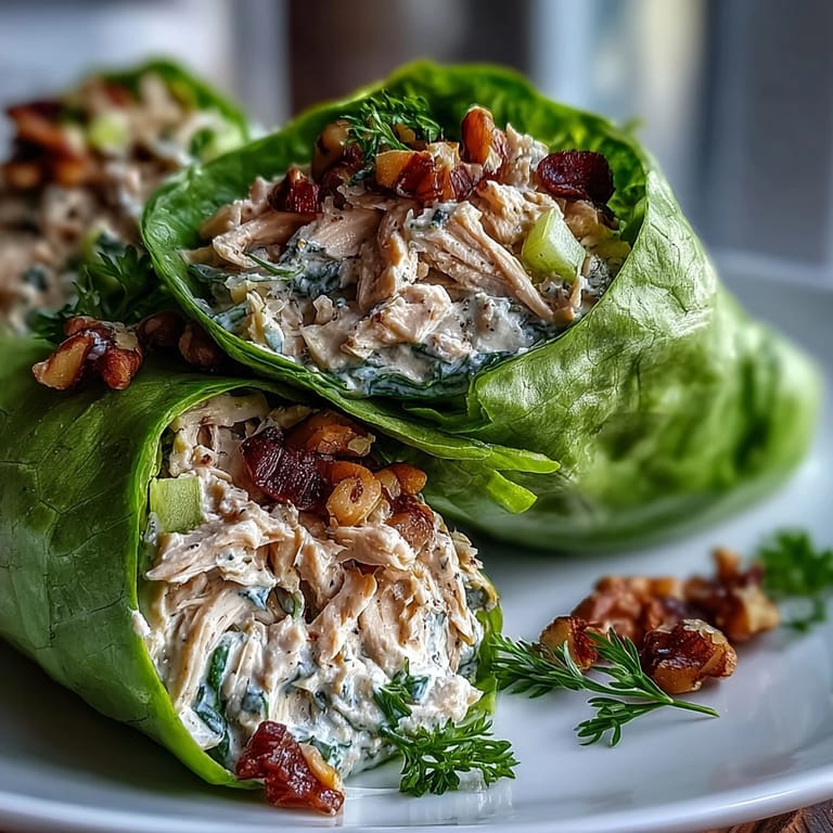 Low-carb Healthy Easy Chicken Salad Lettuce Wraps with shredded chicken, red onion, and optional nuts, served in crisp lettuce leaves for a satisfying lunch.
