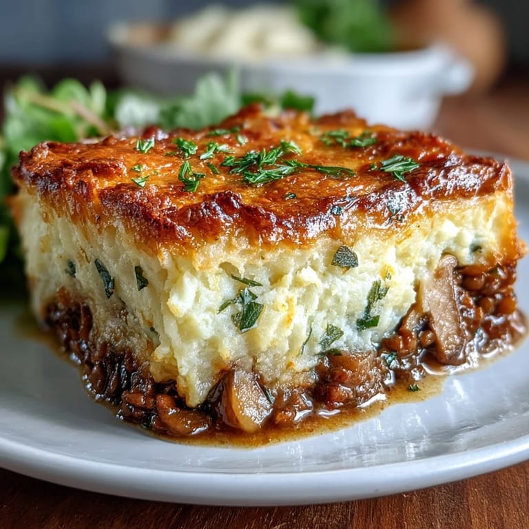 Comforting meatless Shepherd's Pie featuring creamy potatoes atop hearty lentils, mushrooms, and aromatic herbs.  