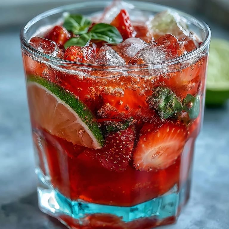 Bright strawberry basil lemonade with muddled strawberries and basil, garnished with lemon wheels and fresh herbs for a delightful spring sip.