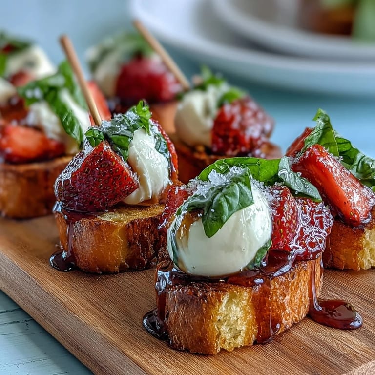 Vibrant strawberry caprese skewers with creamy mozzarella and fragrant basil, finished with a tangy balsamic glaze for a refreshing party bite.