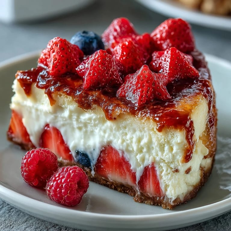 Creamy no-bake cheesecake topped with fresh blueberries and strawberries in a patriotic American flag design, ideal for Independence Day gatherings.