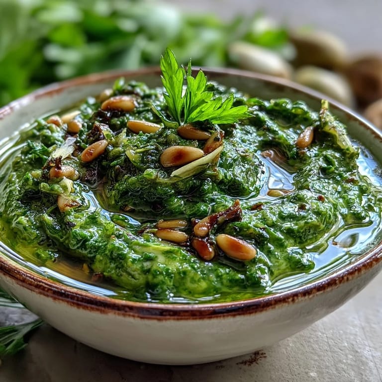 Homemade dandelion pesto featuring fresh greens, garlic, and pine nuts, ideal as a dip or spread.