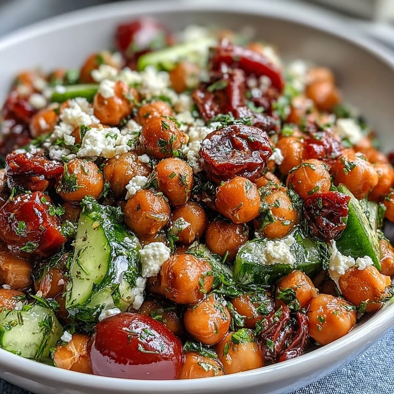 Vibrant lemon-herb chickpea salad bursting with fresh cucumbers, tomatoes, and mint.  