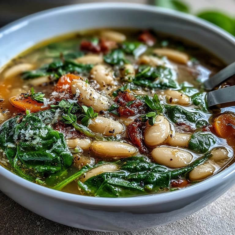 Creamy slow-cooker Tuscan white bean soup with tender vegetables, spinach, and aromatic Italian herbs, served with crusty bread.