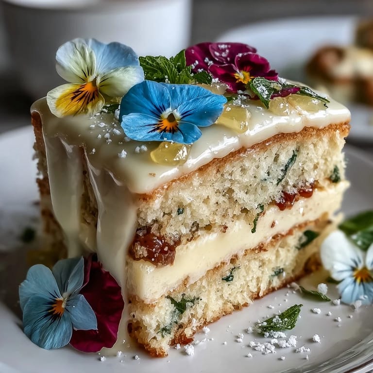 Elegant layered sponge cake featuring tangy lemon curd and delicate pressed edible flowers, ideal for spring gatherings.