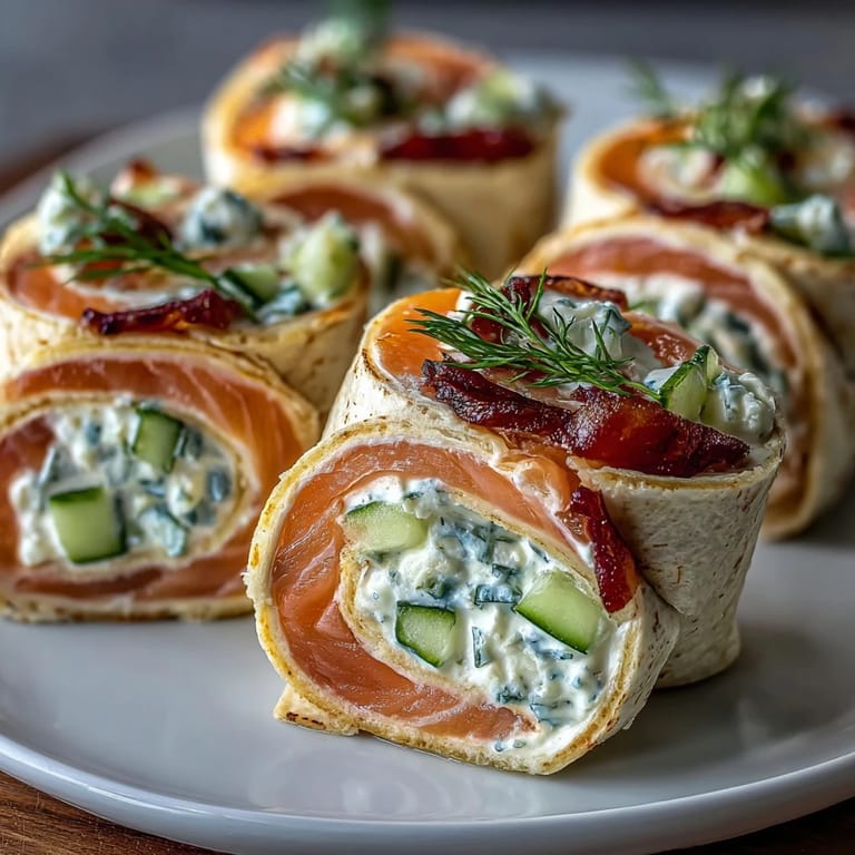 Creamy dill-infused cheese spread rolled with smoked salmon and cucumber in flour tortillas