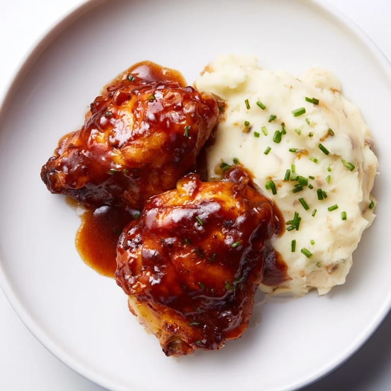 Tender honey BBQ chicken thighs, with a rich, dark sauce, paired with fluffy garlic mashed potatoes.