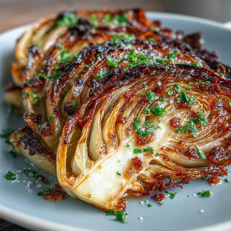 Thick-cut cabbage steaks roasted until caramelized, drizzled with olive oil, and finished with fresh parsley and lemon. A simple, hearty plant-based main or side.