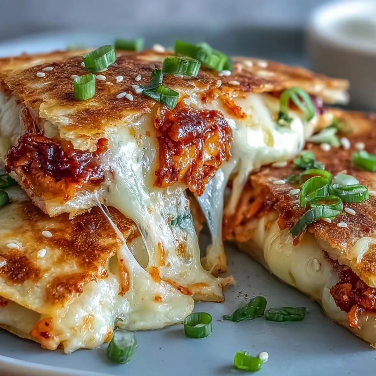 Spicy kimchi and gooey cheese melt together in a warm, toasted tortilla, creating a bold and satisfying flavor combination.