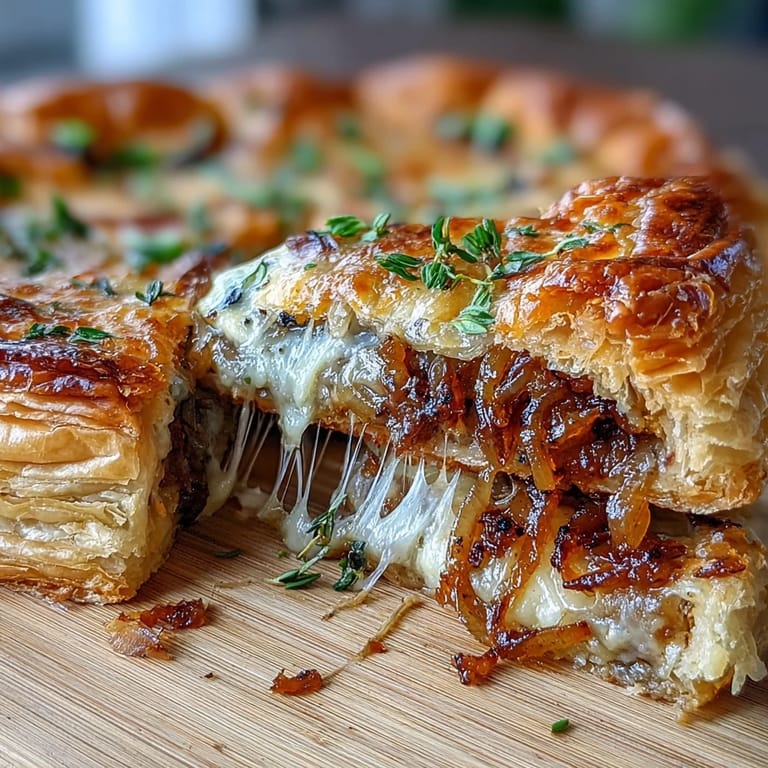 Flaky puff pastry tart topped with sweet caramelized onions, nutty Gruyère, and fragrant thyme—perfect for a French-inspired appetizer.