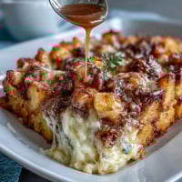 Hearty Amish breakfast casserole with crispy hash browns, savory sausage, and melted cheese, baked until golden and bubbly.