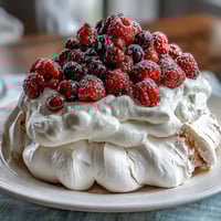 A delicate Mothers Day Pavlova with crisp meringue, fluffy whipped cream, and a vibrant mix of fresh berries on top.