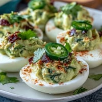 Creamy guacamole stuffed deviled eggs with fresh avocado, lime, and jalapeño for a zesty appetizer twist.
