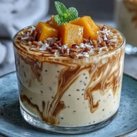 Creamy coconut chia pudding with fresh mango chunks, perfect for a healthy vegan breakfast or snack.